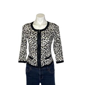 WHBM Cardigan Sweater Animal Print Full Zip Cropped Crewneck Black Tan Small